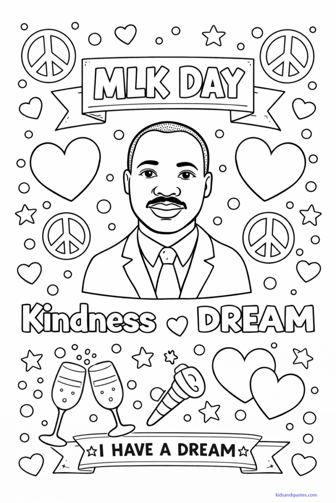 Black-and-white line art honoring Martin Luther King Jr. Day with simple symbols like hearts, peace signs, and words such as “Kindness” and “Dream.”
