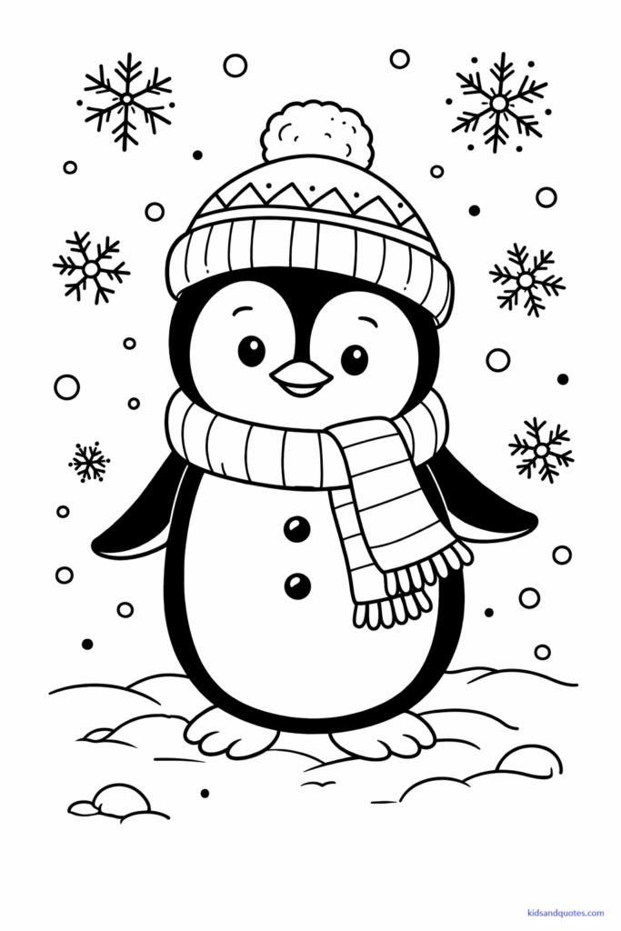 Black-and-white coloring page of a cute penguin wearing a scarf and winter hat. A few snowflakes and simple ground lines. Gentle pose and rounded features. 