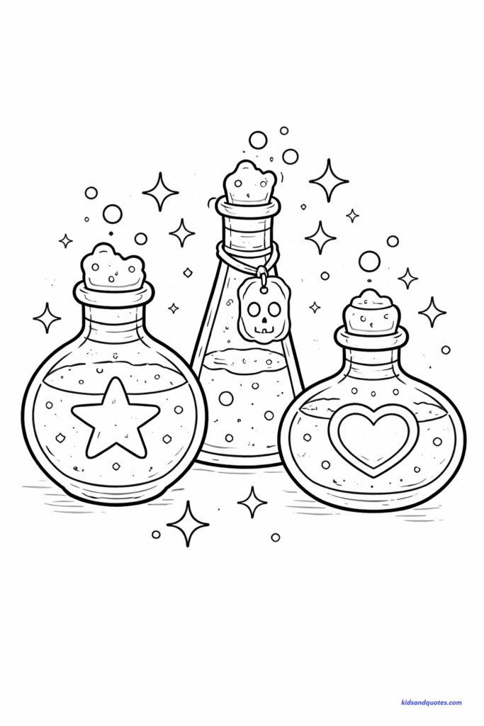 Coloring page of three magical potion bottles with different shapes and labels, small bubbles rising from the tops. Stars and sparkles around the bottles.