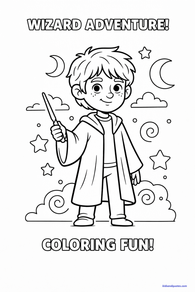 Free Coloring page of a young wizard boy inspired by Ron Weasley, with messy hair, wearing a wizard robe and holding a wand. Friendly, playful expression. Simple magical background elements like stars and clouds.