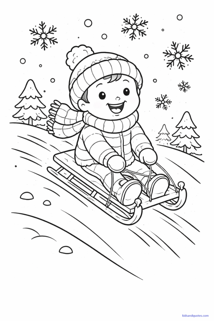 Black-and-white coloring page of a child or animal sledding down a snowy hill. Motion lines, snowflakes, and gentle slopes. Fun but uncluttered composition.