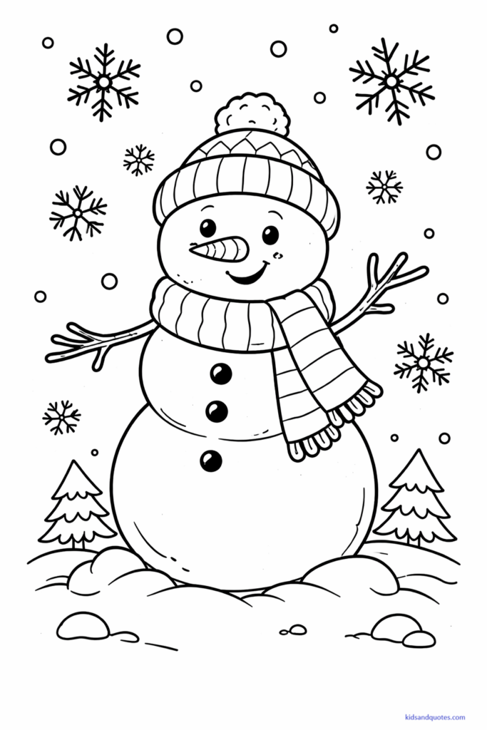 Black-and-white coloring page of a cheerful snowman wearing a scarf and winter hat. Falling snowflakes and small snow mounds. Friendly, rounded shapes with a happy expression. 