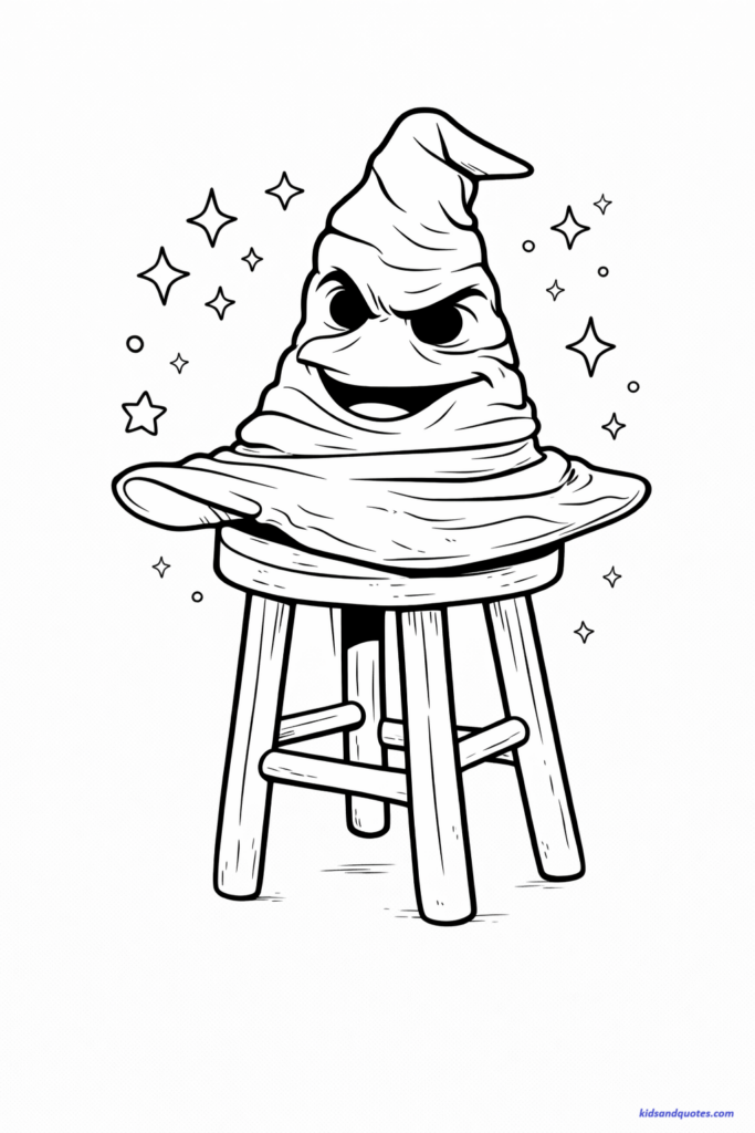 Free printable of a magical talking hat inspired by the Sorting Hat, placed on a small stool. Friendly expression, soft folds in the hat fabric. Stars and sparkles around it.