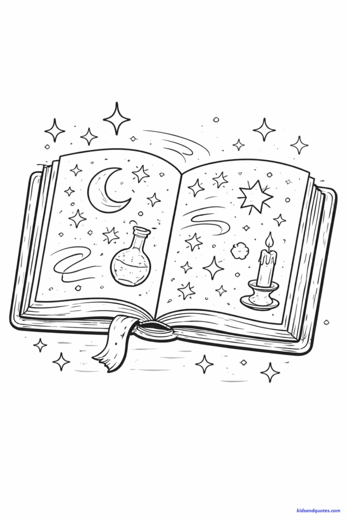 Coloring page of a large open spell book with magical symbols, stars, moons, and simple rune-like shapes on the pages.