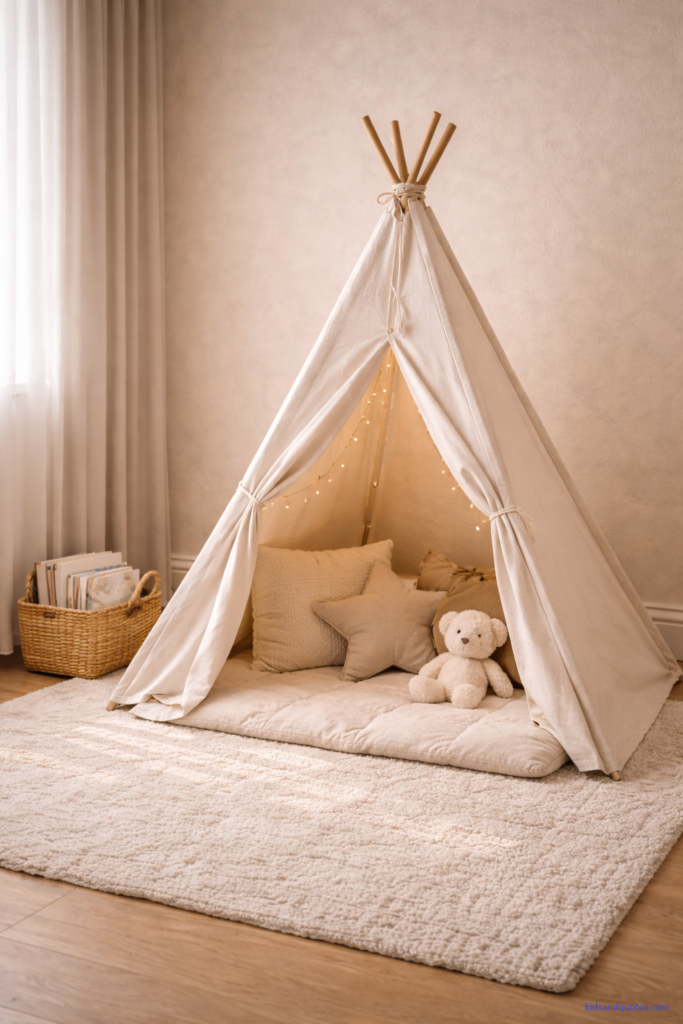 A photo of a quiet corner in a toddler-baby room featuring a simple fabric teepee in warm white canvas. Inside: soft cushions, a small string of warm fairy lights (subtle, not flashy), and a plush toy. Outside the tent: a small woven basket with books. Floor: soft rug. Lighting: gentle afternoon sunlight, calm and inviting. 