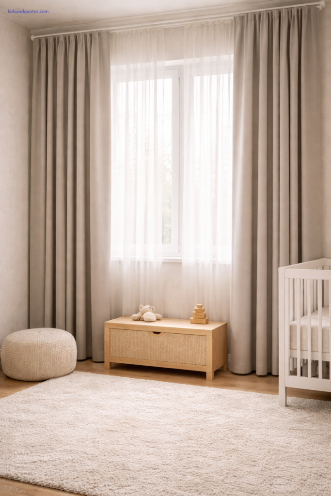 Interior photo framing a window wall in a nursery-toddler room. Thick blackout curtains in soft warm gray, ceiling-mounted curtain rod, curtains partially drawn with gentle folds. Sheer curtains behind them for layering. Window light softened, creating a calm mood. Below the window: a low toy chest in natural wood and a small soft pouf.