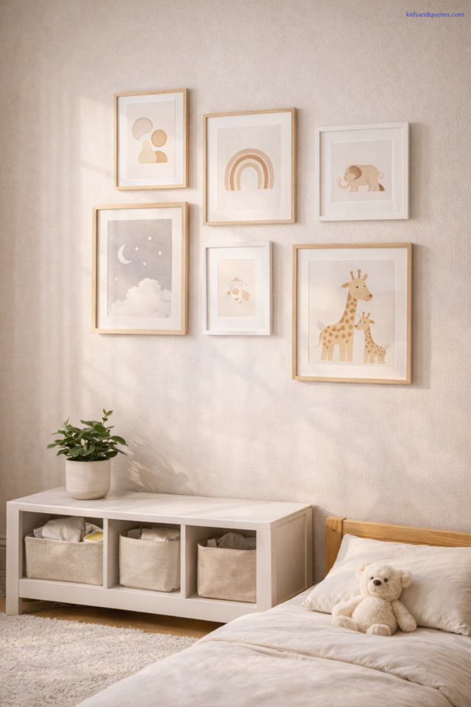 Interior photo of a nursery-toddler room wall featuring a gallery wall arrangement. Six frames in mixed sizes (thin oak frames + white frames), containing simple kid-friendly illustrations (abstract shapes, animals, rainbows). Beneath: a white storage bench with a few neutral fabric baskets partially tucked underneath. A soft rug and a small plant in a ceramic pot (safe placement out of reach). Lighting: bright natural daylight, soft shadows.