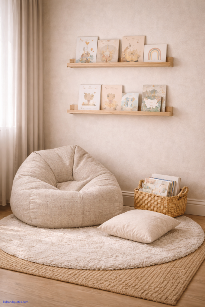 A reading nook in a toddler-baby room. Two low wooden book ledges mounted on the wall, books displayed face-out. Below: a soft bean bag chair in neutral fabric and a small round rug. Add a cozy floor pillow and a small basket of extra books. Warm natural light from side window, gentle shadows.