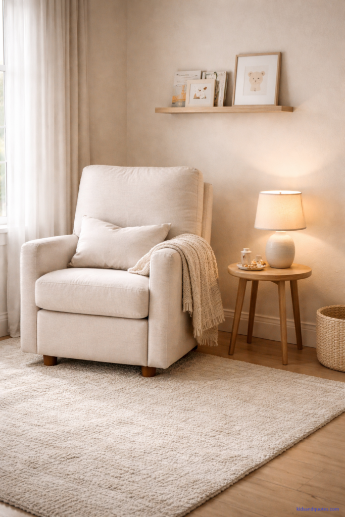 Nursery-toddler room corner with a plush upholstered glider chair in soft oatmeal fabric, slightly angled toward the camera. Next to it: a small round wood side table holding a ceramic lamp with a warm fabric shade (lamp switched on, warm glow). A soft knitted throw draped naturally over the chair arm, and a neutral nursing pillow resting on the seat. Background: a small floating shelf with 3 children’s books displayed face-out (no readable titles), and a framed illustration. Floor: thick ivory rug with subtle texture. Lighting: mixed natural window light + warm lamp light for cozy evening ambience.