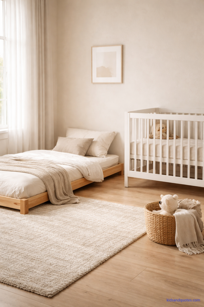 Foreground: a low Montessori-style floor bed with a simple natural oak frame, neatly made with a cream linen duvet and a light knit throw folded at the foot. Beside it: a white convertible crib (slatted sides, matte finish) positioned safely away from windows. Soft neutral palette (warm whites, beige, sand). A small woven storage basket with a plush toy near the bed. Natural daylight entering from the left through sheer curtains, creating soft shadows. Clean hardwood floor with a warm tone. Walls in warm off-white with a subtle matte texture.
