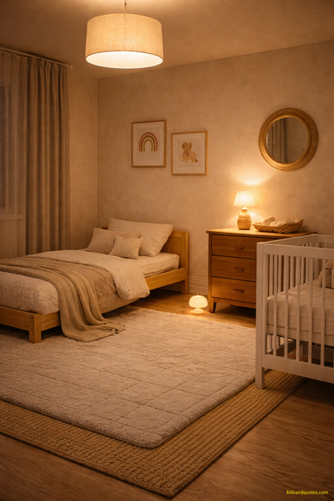 Evening interior photo of a toddler-baby room showing layered lighting. Warm ceiling pendant light (simple linen shade) softly illuminating the room. A table lamp on a dresser is on, plus a small night light near the floor casting a faint glow. The room includes a crib and a toddler bed, softly lit. Walls warm neutral beige, rug ivory. Mood: calm bedtime ambience with realistic light falloff and shadows.