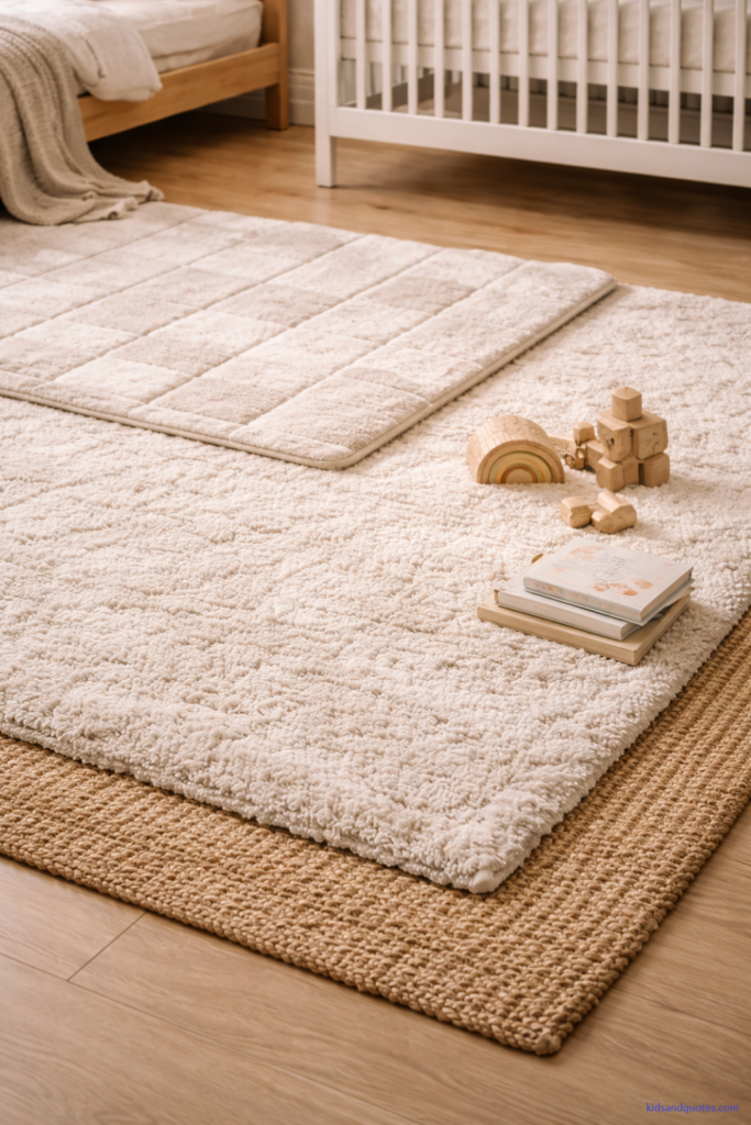 Floor zone of a toddler-baby room: layered rugs with a large jute rug base and a smaller plush ivory rug on top (high pile texture). A soft foldable play mat in a neutral pattern nearby. A few wooden toys and a small stack of board books on the rug edge. Background shows the lower portion of a crib and toddler bed legs for context. Natural daylight, realistic fibers, sharp detail, cozy and tidy.