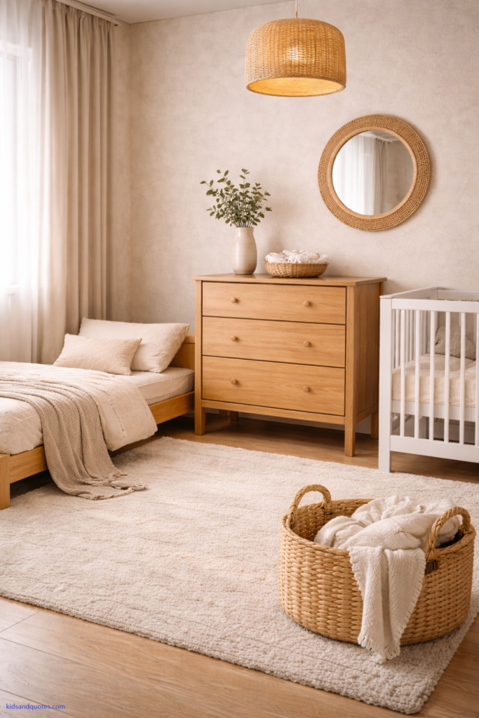 Interior photo showcasing a cohesive nursery-toddler room with natural textures. Include a rattan wall mirror, a wicker basket for blankets, natural oak furniture toddler bed, and soft linen curtains, a subtle textured rug. Color palette: warm neutrals (cream, beige, sand) with a tiny accent (muted sage plant or toy). Lighting: bright natural daylight with soft highlights on rattan and wood grain. 