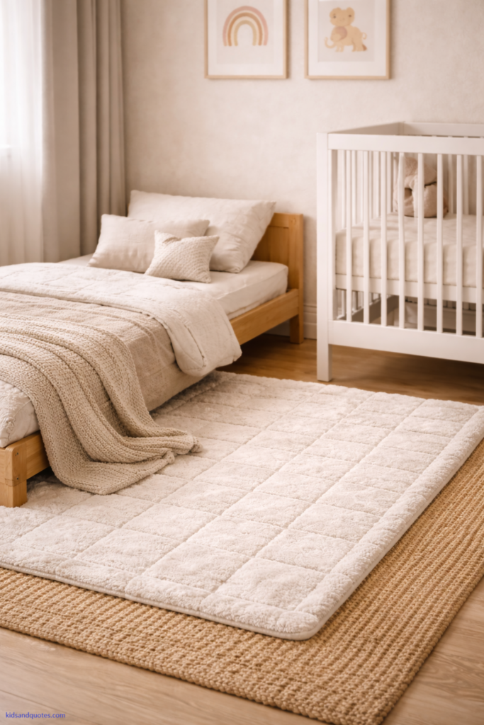 A neatly styled toddler bed with transitional bedding: fitted sheet in warm white, quilted comforter in beige, and a light knitted throw blanket folded. A small decorative cushion (toddler-safe style, minimal). Nearby: a crib with matching neutral bedding to show a cohesive baby+toddler theme. Background: simple wall art and soft lighting. Super sharp textile textures, realistic folds, high-end home photography.