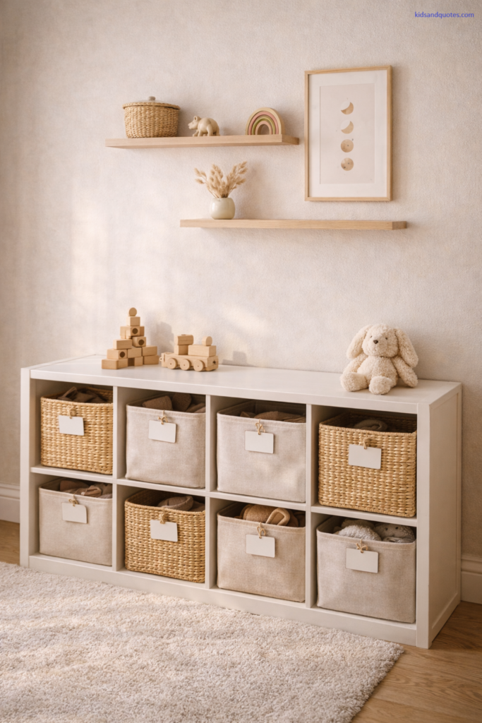 A toy storage wall: low cube shelving unit in matte white with a mix of woven baskets and neutral fabric bins. Minimal label tags on a few bins. A few toys displayed neatly (wood blocks, plush animal). Above the shelving: two floating shelves with decor objects and a framed print.