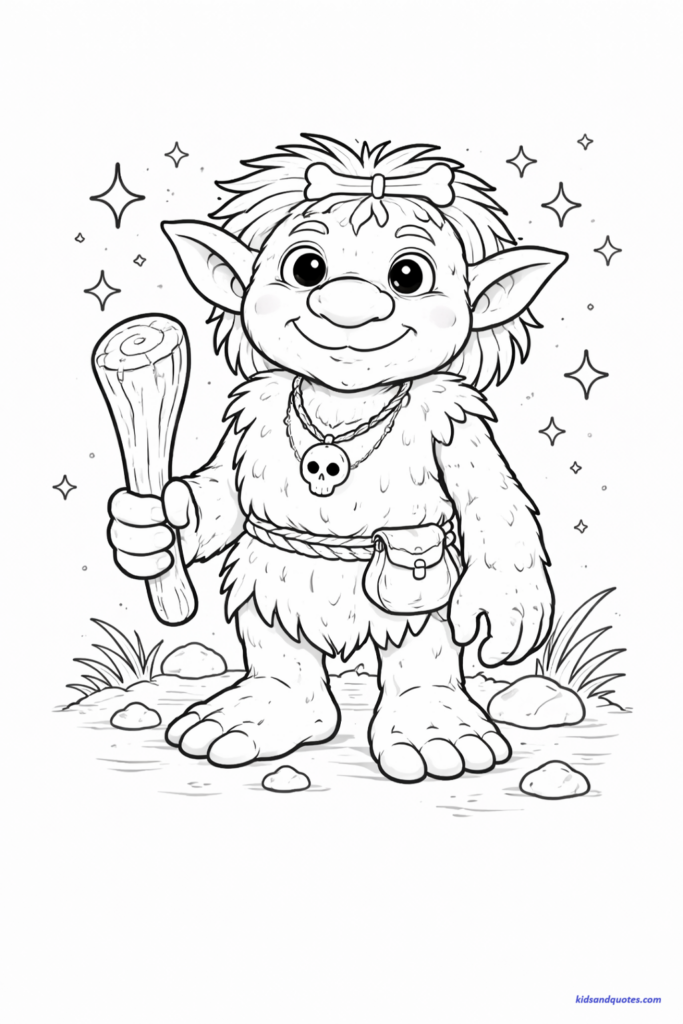 Coloring page of a friendly cartoon troll with big feet, round nose, and gentle smile. Soft fantasy style, not scary.
