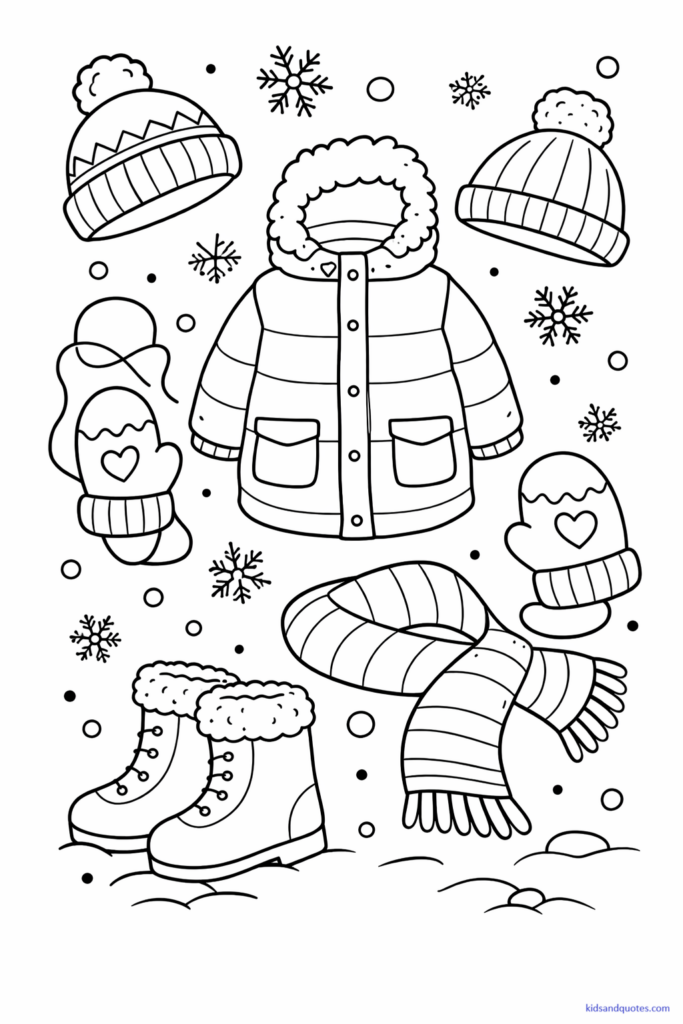 Black-and-white coloring page featuring winter clothing items like mittens, hats, scarves, boots, and coats arranged neatly. Simple shapes, balanced layout, and lots of space to color.
