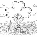 St Patrick's Day coloring pages: Black-and-white coloring page of a shamrock-shaped hot air balloon floating above a small village with houses, rolling hills, clouds, and a church steeple in the background.