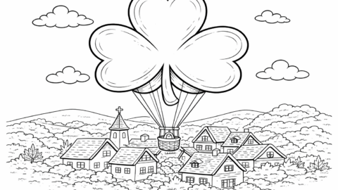 St Patrick's Day coloring pages: Black-and-white coloring page of a shamrock-shaped hot air balloon floating above a small village with houses, rolling hills, clouds, and a church steeple in the background.