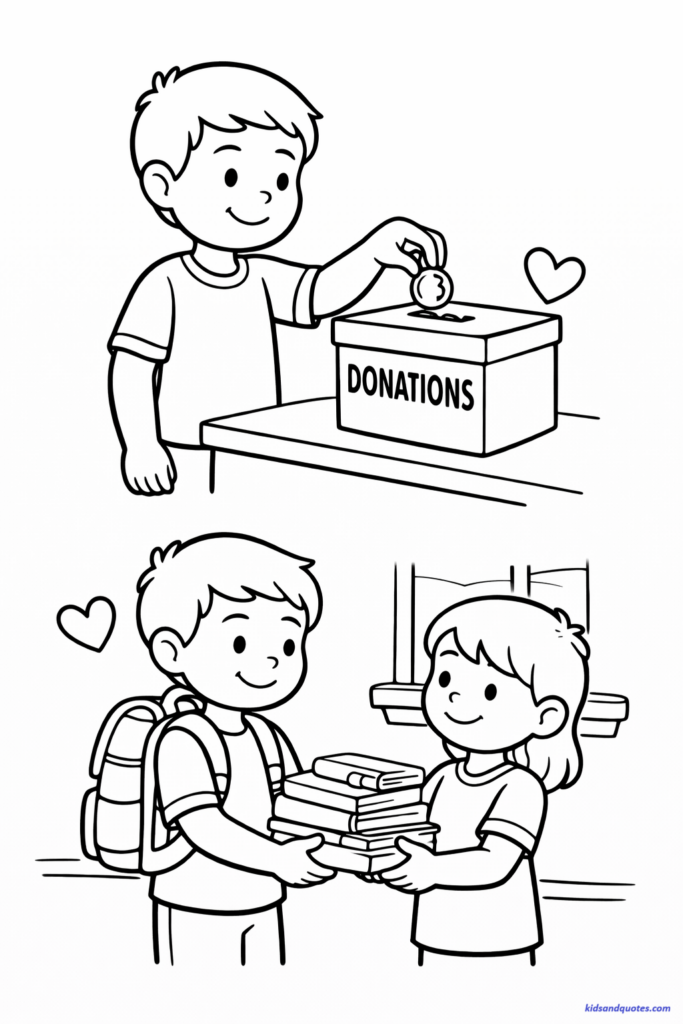 Lent coloring page: Child dropping coin into donation box. Another child helping someone carry books.
