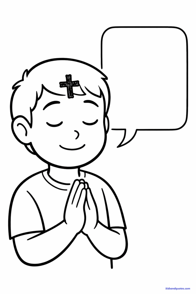 Free printable lent coloring page: Child’s face with visible ash cross on forehead. Soft prayer hands below.