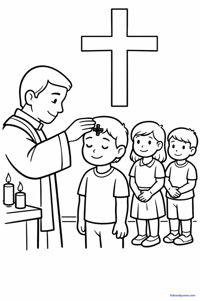 Lent coloring page: Simple church outline with a priest gently placing ashes on a child’s forehead. Kids standing respectfully in line. Big cross in background.