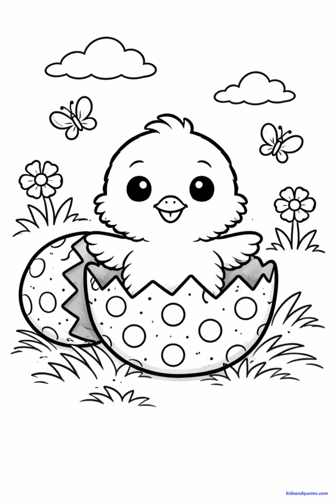 Easter coloring page: A fluffy baby chick cracking out of a large Easter egg shell. The top half of the shell rests beside it. The chick has oversized eyes and tiny wings.