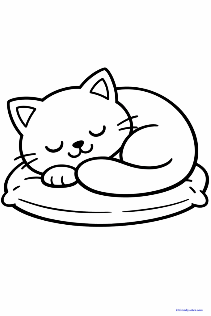 Cat Nap Coloring Page: A large sleeping kitten curled into a round ball, eyes closed with a gentle smile, thick bold outlines, minimal details, white background, simple pillow underneath.