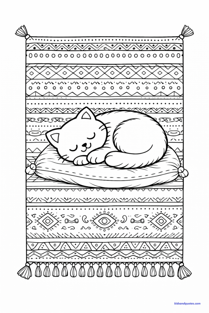 Cat Nap Coloring Page: Cat curled on patterned rug with repeating boho designs, detailed but clean line art, balanced composition.