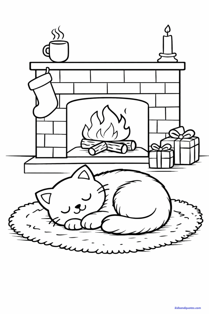 Coloring page of a Cat sleeping on a rug near a simple fireplace outline, cozy room elements, moderate background detail but clean spacing.
