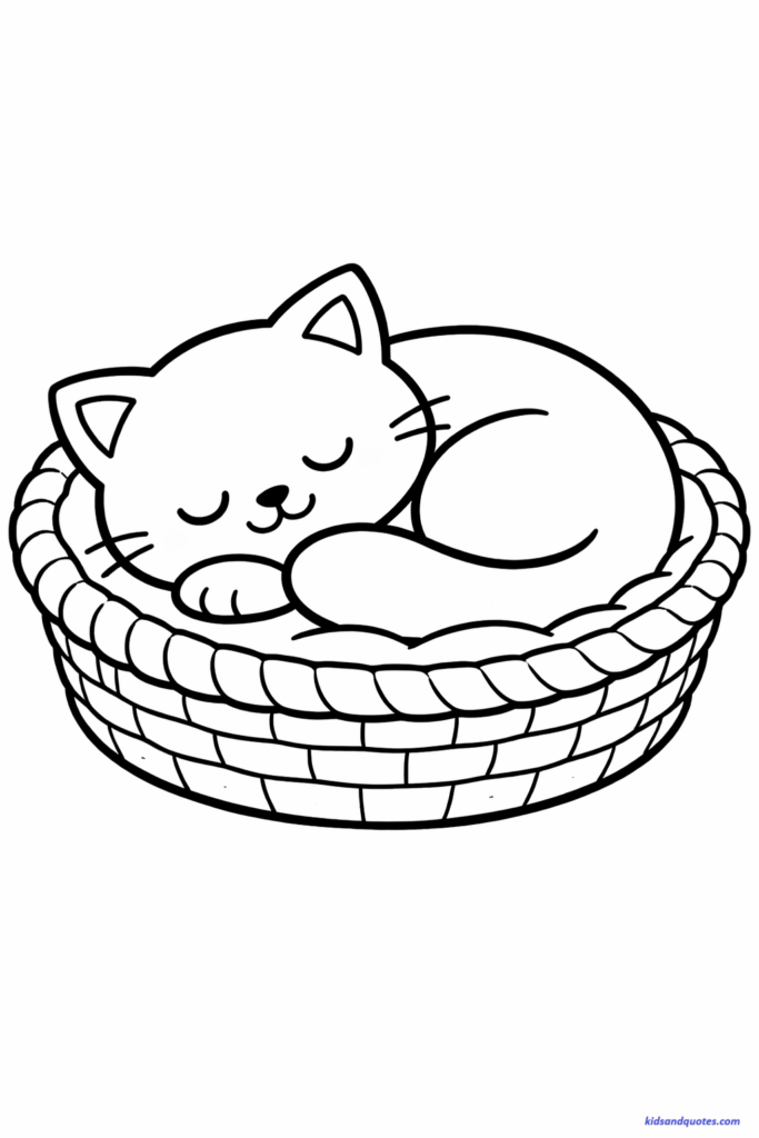 Coloring page of a Simple kitten curled inside a round woven basket, basic basket lines not overly detailed, bold outlines.