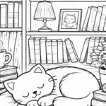 Free to Print Cat Nap Coloring Pages: Sleeping cat in a cozy library corner surrounded by bookshelves and stacked books, detailed background elements.