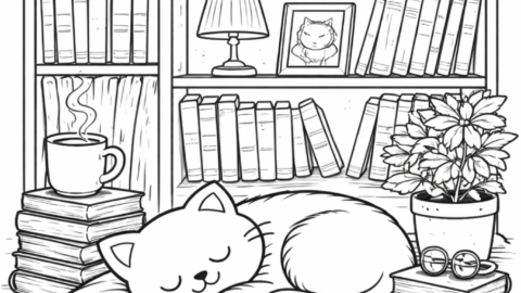 Free to Print Cat Nap Coloring Pages: Sleeping cat in a cozy library corner surrounded by bookshelves and stacked books, detailed background elements.
