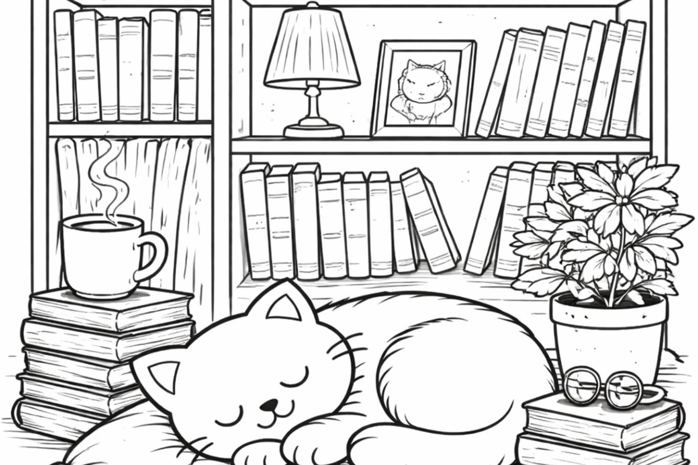 Free to Print Cat Nap Coloring Pages: Sleeping cat in a cozy library corner surrounded by bookshelves and stacked books, detailed background elements.