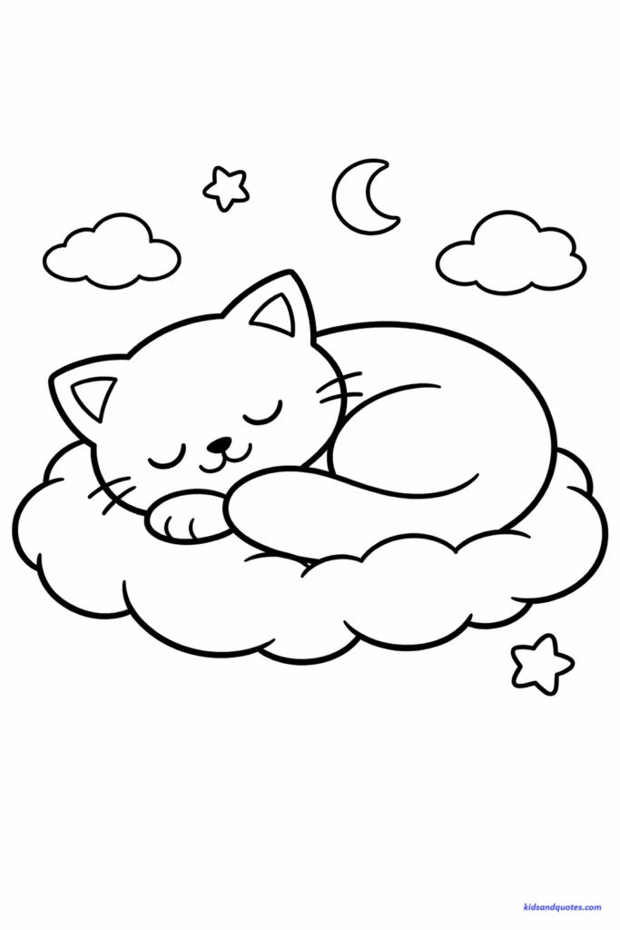 Simple coloring page of a kitten sleeping on a fluffy cloud, rounded shapes, bold lines, minimal sky details, white background.