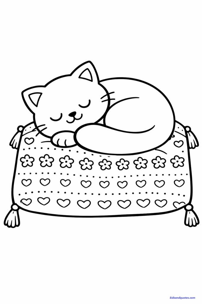 Coloring page of a cute cat sleeping on a decorative cushion with simple repeating patterns, medium detail, clean line art, cozy indoor vibe.