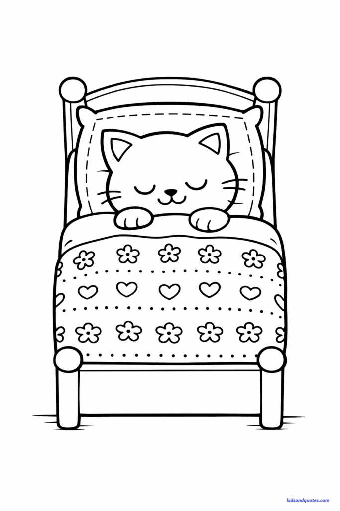 Cute kitten tucked into a small bed with patterned blanket, stitched pillow detail, cozy indoor theme, medium line detail, black and white coloring page.