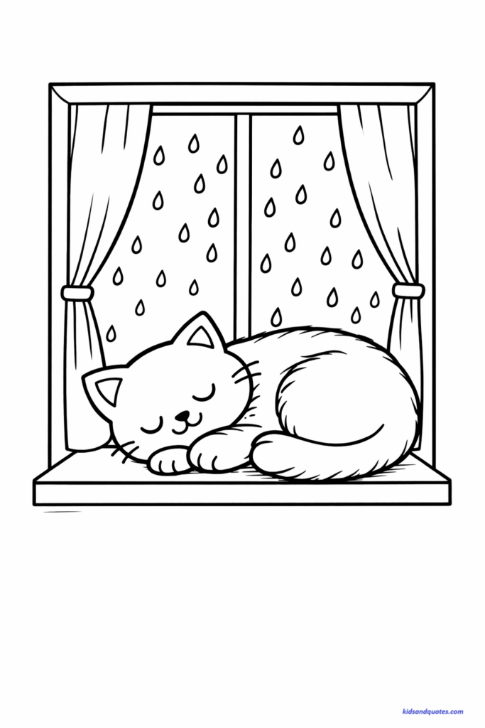 Cat sleeping on a window sill with simple curtains and light raindrops outside, cozy atmosphere, moderate detail.