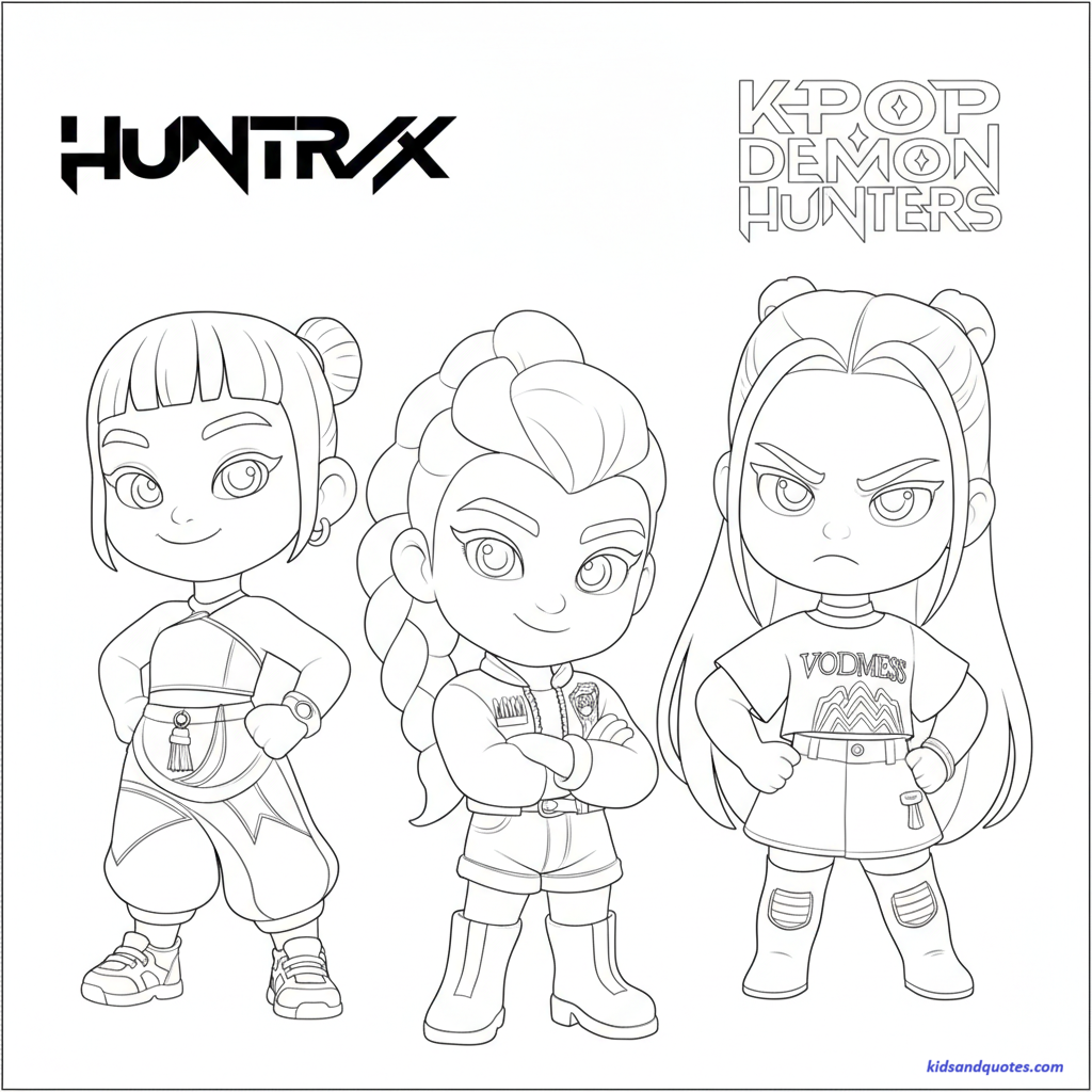 Kpop Demon Hunters Coloring Page: A cute chibi-style coloring page of Rumi, Zoey, and Mira.