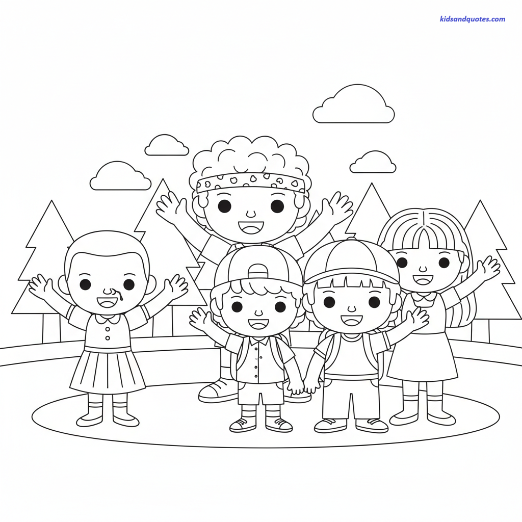 Coloring page of Mini cartoon versions of the characters.