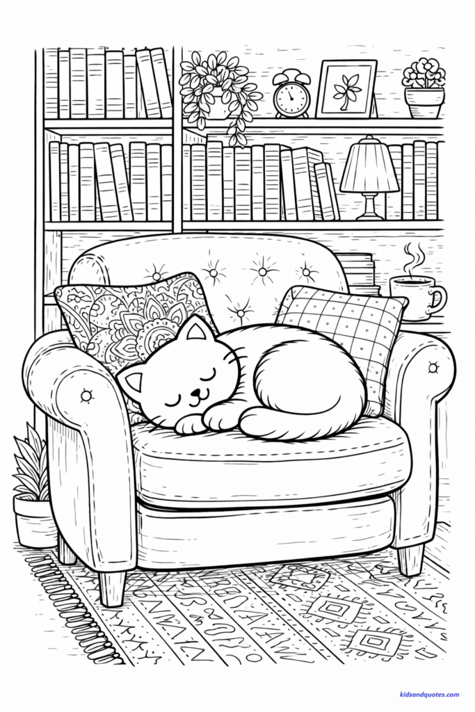 Coloring page of a cat sleeping on armchair with detailed pillow patterns, bookshelf and small decor items in background, fine line art.