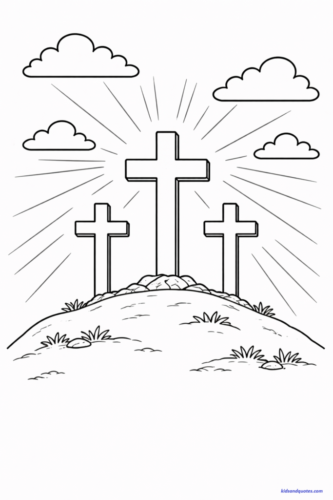 Lent coloring page: Three crosses silhouette. Soft rays of light.