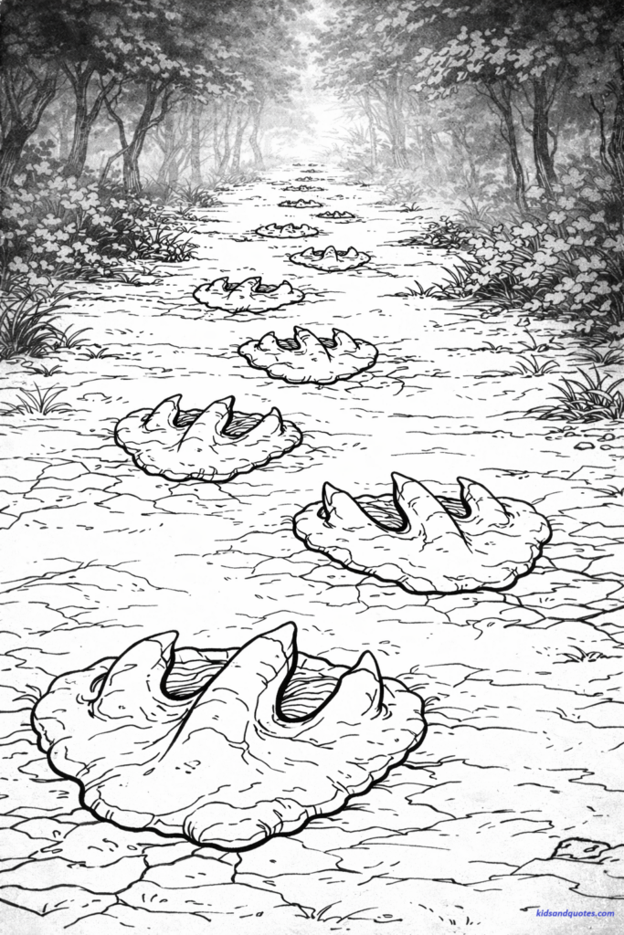 Coloring page of footprints leading across the page, mystery tone without fear (kid-friendly).