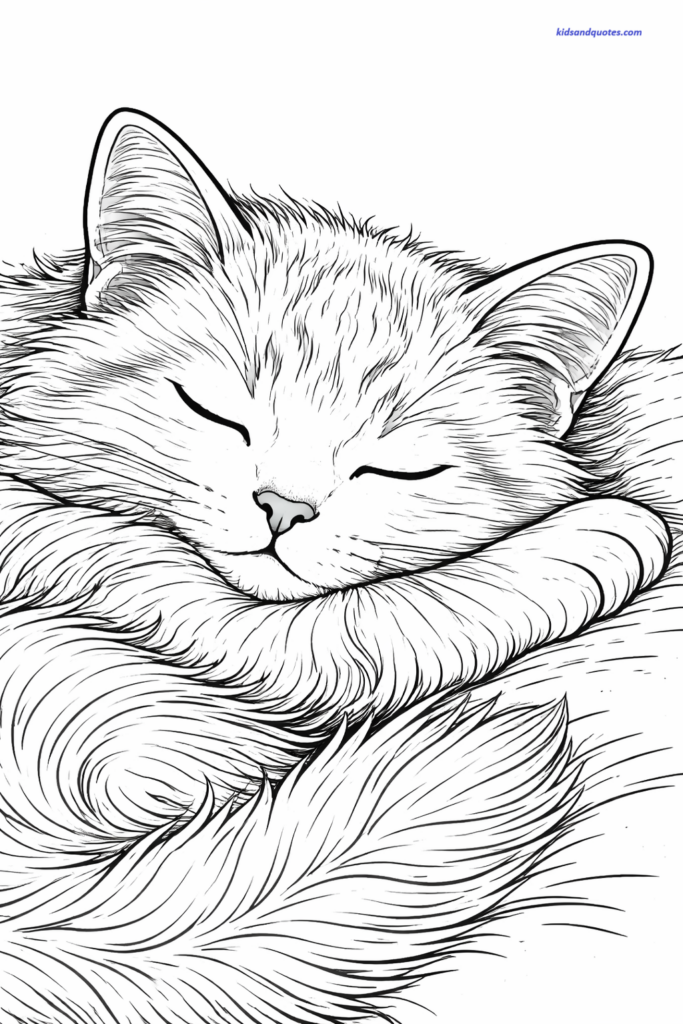 Free Coloring Page: Close-up of a sleeping cat with textured fur patterns, intricate but clean line work, white background.