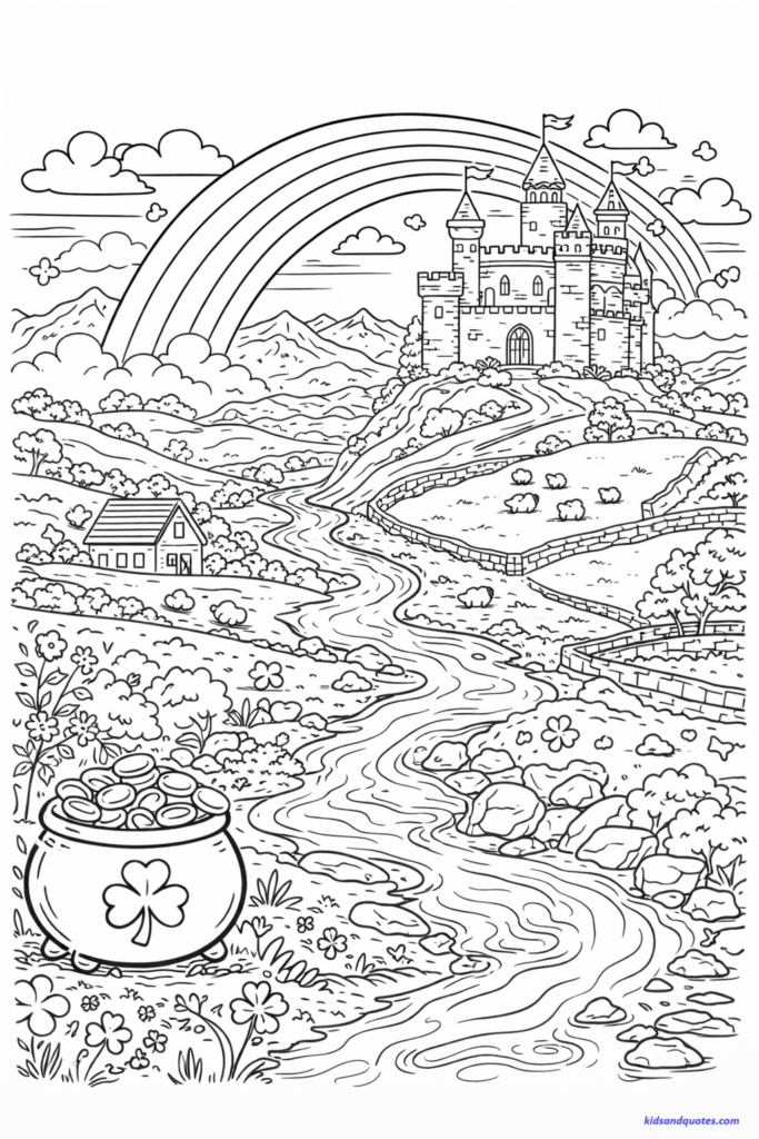 St Patrick's Day coloring page: Irish countryside poster with castle, rainbow, hills, and river.