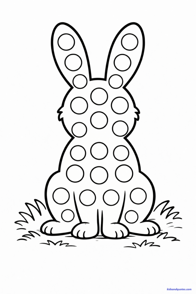 Free easter coloring page: Large bunny silhouette filled with evenly spaced blank circles for dot markers. Very simple bold outline around bunny shape.