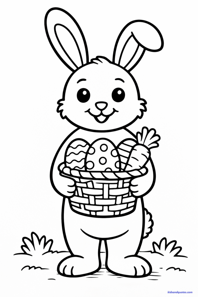 Free printable easter coloring page: A big, smiling Easter Bunny holding a woven basket filled with large decorated eggs.