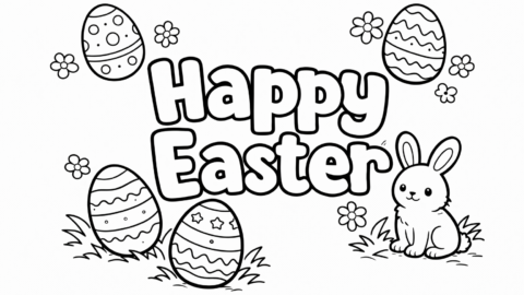 11 Printable Easter coloring pages: A coloring page featuring large “Happy Easter” bubble letters surrounded by decorated eggs, small flowers, grass, and a cute bunny with thick bold outlines and wide spaces for coloring.