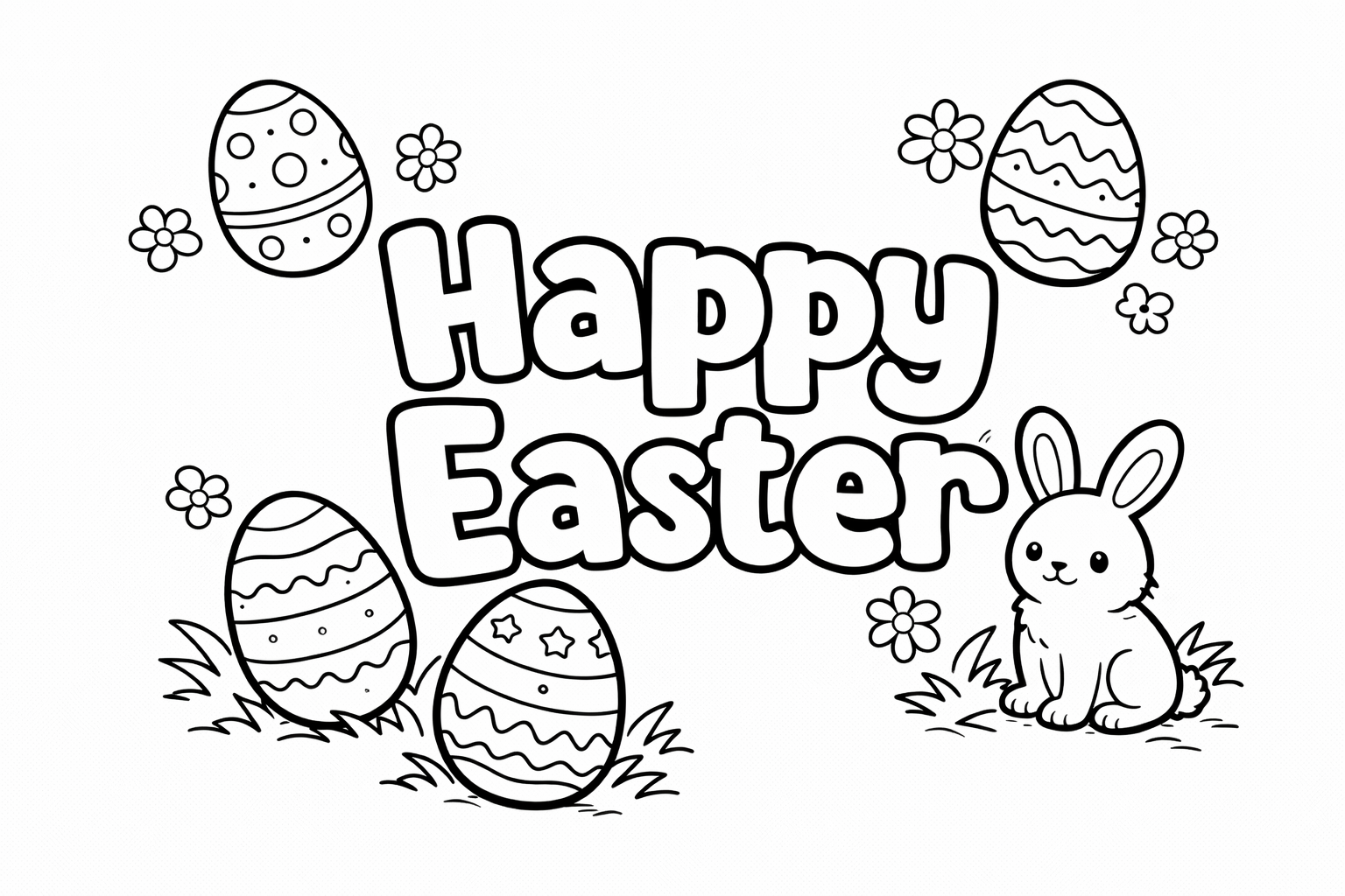 11 Printable Easter coloring pages: A coloring page featuring large “Happy Easter” bubble letters surrounded by decorated eggs, small flowers, grass, and a cute bunny with thick bold outlines and wide spaces for coloring.