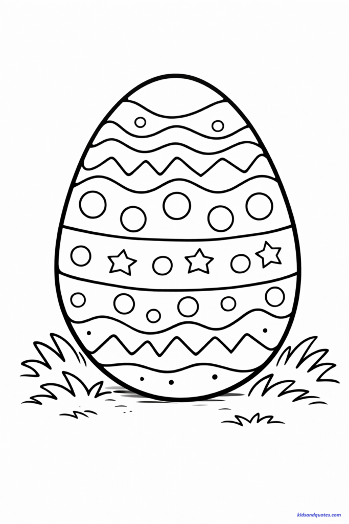 Easter coloring page: A large decorated Easter egg with stripes, zigzags, dots, and star patterns, standing on grass with thick bold outlines and wide open spaces for coloring.